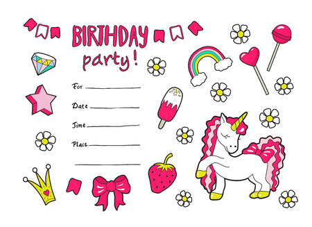 Cute vector girls birthday party invitation with styickers .のイラスト素材