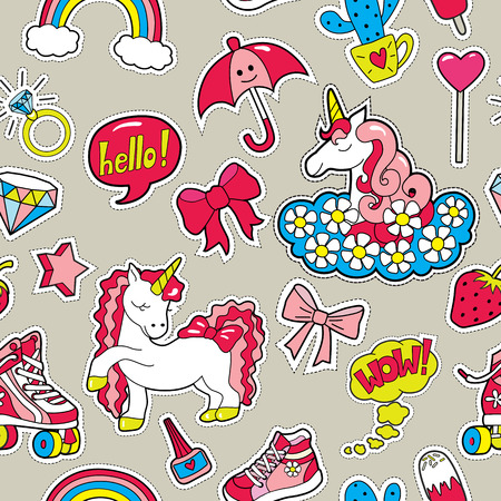 Seamless pattern with patches for girls interests . Vector backのイラスト素材