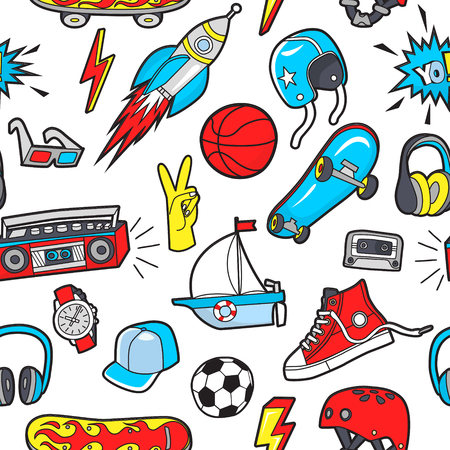 Vector seamless pattern with patches for boys interests on white background.のイラスト素材