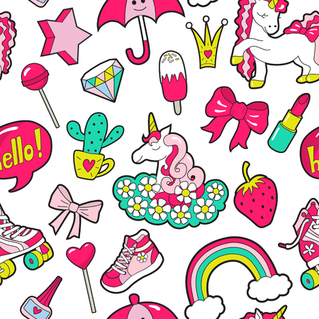 Vector girls seamless pattern with stickers on whiteのイラスト素材