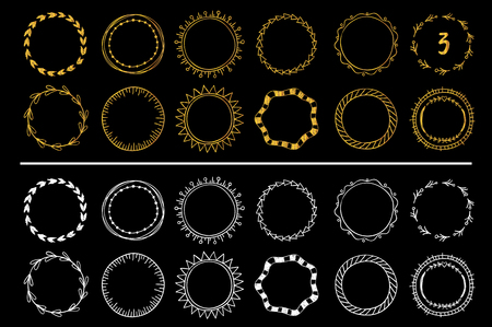 Collection of golden and white hand drawn round frames . Vector set 3のイラスト素材