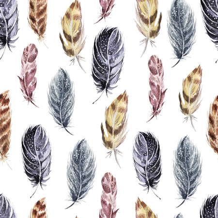 Decorative seamless pattern with feathers . Watercolor background .の写真素材