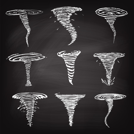 Set of tornado icons line sketch on chalk background. Vectorのイラスト素材