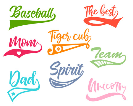 Texting tails. Colored Swoosh and swash vector set. Font tail for baseball and football sport logo design. Swish, Swirl  elements with inscriptions.のイラスト素材