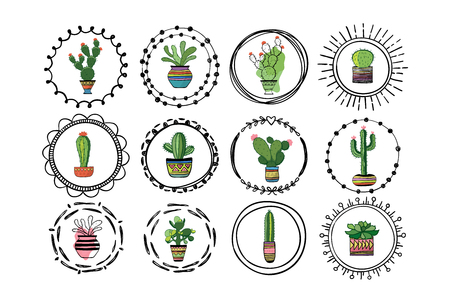 Set of cacti in round borders. Vector illustrationのイラスト素材