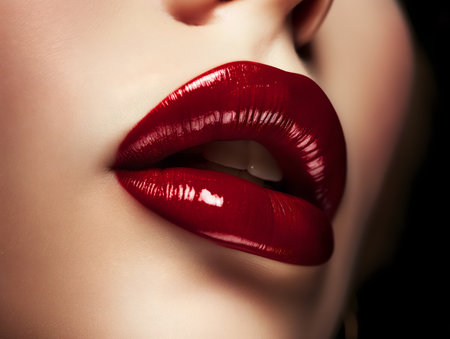 Close view of beautiful woman's lips with lipstick.の素材