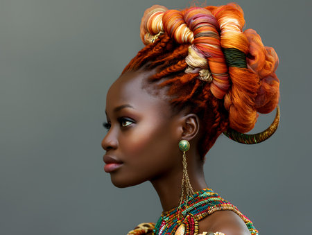 Fashion portrait of a young african woman. Bright beautiful style hairの素材