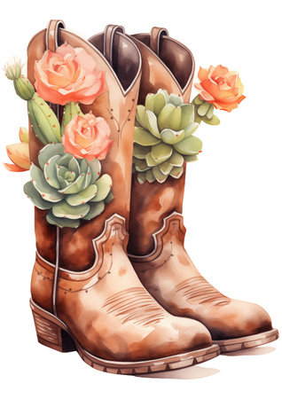 Flowers In Boot. Cowboy Boot With Wildflowers and Cacti. Color Printable Illustration Isolated on white backgroundの素材