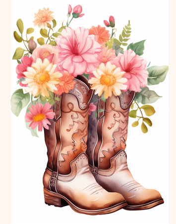 Flowers In Boot. Cowboy Boot With Wildflowers. Bouquet Color Printable Illustration Isolatedの素材