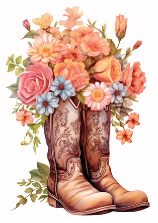 Flowers In Boot. Cowboy Boot With Wildflowers.  Color Printable Illustration Isolated on white backgroundの素材