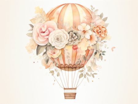 Watercolor Air Balloons. Aircraft with basket and  flowers. Painting  beige illustration on light backgroundの素材