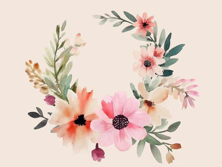Watercolor fluded wreath with beautiful flowers  and greeneryの素材