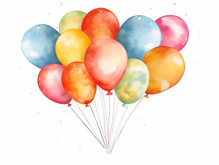 Watercolor bunch of colored balloons on white backgroundの素材