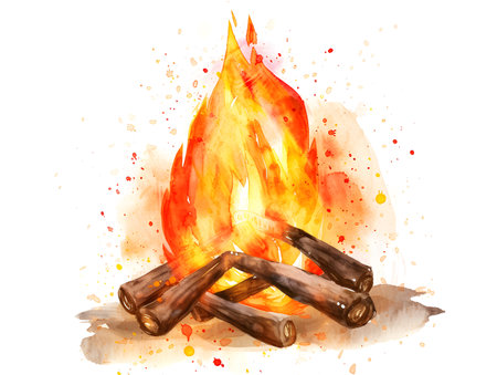 watercolor Illustration of bonfire on white backgroundの素材