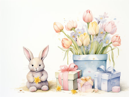 Greeting card spring illustration of watercolor cute bunny toy with gift box and flowers on white backgroundの素材