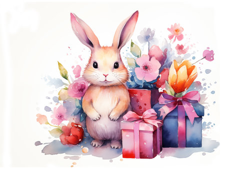 Greeting card bright colors illustration of watercolor bunny with gift box and spring flowers on whiteの素材