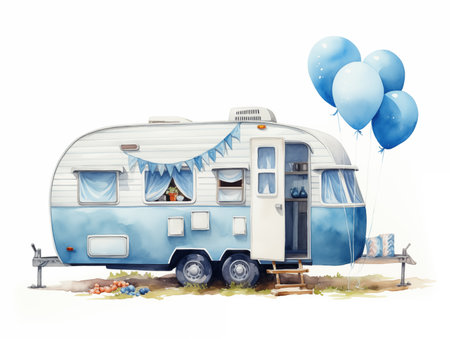 Watercolor illustration of festive cartoon blue camper on white backgroundの素材