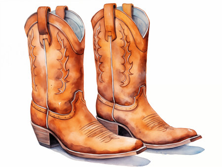 Cowboy's boots watercolor illustration on whiteの素材
