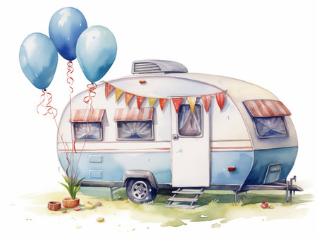 Watercolor illustration of cute cartoon camper with blue  balloons on white backgroundの素材