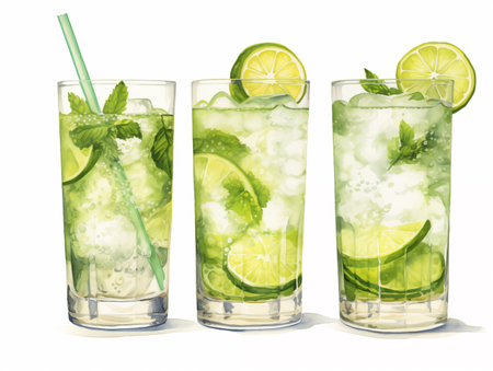 Watercolor elegant summer beverages mojito with fruits and ice on white backgroundの素材