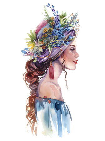 Floral Boho Vibes: Profile Illustration of a Woman with flowers in her Hair on White Backgroundの素材