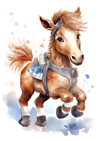 Watercolor illustration of cute funny horse on white backgroundの素材