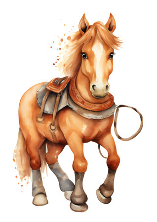 Watercolor illustration of cute funny horse on whiteの素材