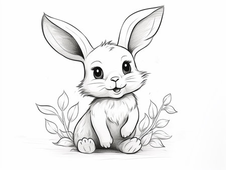 Cute cartoon contour bunny with flower on white backgroundの素材
