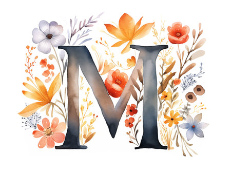 Organic Illustration  of letter M monogram watercolor with wildflowers   fields on white backgroundの素材