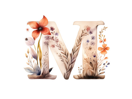 Rustic Illustration  of letter M monogram watercolor with wildflowers   fields on white background isolatedの素材