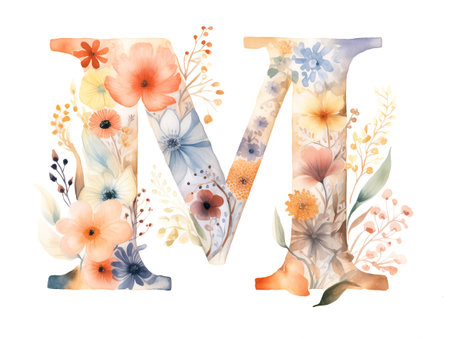 Glamour Illustration  of letter M monogram watercolor with wildflowers   fields on white background isolatedの素材