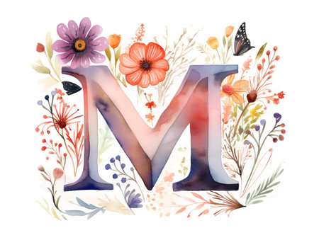Organic Illustration  of letter M monogram watercolor with wildflowers   fields on whiteの素材