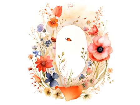 Cute fields illustration with letter O watercolor with wildflowers and poppies  fields on white backgroundの素材