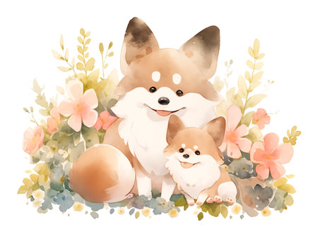 Cute little puppy and his mother illustration watercolor on white backgroundの素材