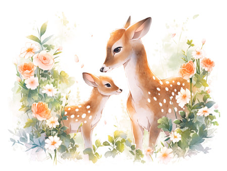 Little fawvn and his mother illustration watercolor on white backgroundの素材