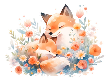 lllustration of little fox and his mother in style of watercolor on whiteの素材