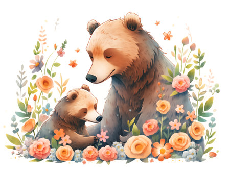 Cute little bear and his mother illustration watercolor on white backgroundの素材