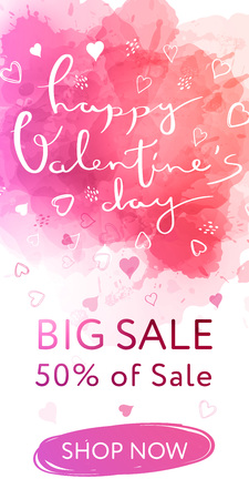 Abstract banner in watercolor style for valentine's day with lettering and doodle hearts.のイラスト素材