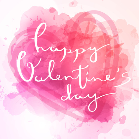 Abstract background in watercolor style for valentine's day with lettering and doodle hearts.のイラスト素材