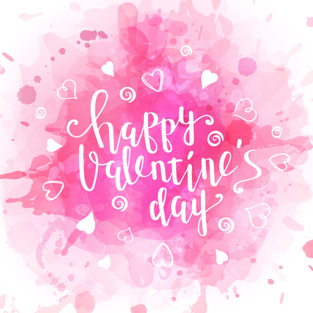Abstract background in watercolor style for valentine's day with lettering and doodle hearts.のイラスト素材