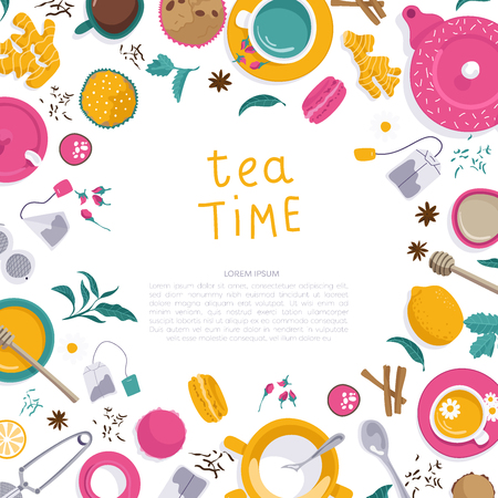 Vector illustrations. Frame for your design and business.. Set of tea accessories: cup, teapot, tea bag, tea tools, glass in flat style. Flat lays.のイラスト素材