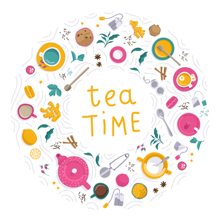 Vector illustrations. circle frame, border. Set of tea accessories: cup, teapot, tea bag, tea tools, glass in flat style. Flat lays.のイラスト素材