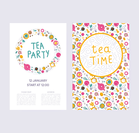 Vector illustrations. Invitations set, flyers for business and design. Set of tea accessories: cup, teapot, tea bag, tea tools, glass in flat style. Flat lays.のイラスト素材