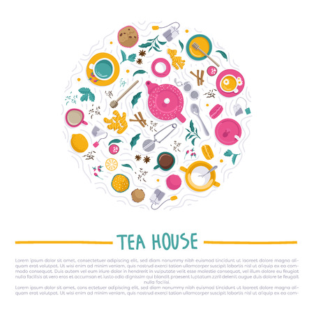 Vector illustrations. Round concept for youe design or business.Set of tea accessories: cup, teapot, tea bag, tea tools, glass in flat style. Flat lays.のイラスト素材