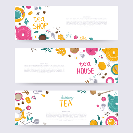 Vector illustrations. Set of tea accessories: cup, teapot, tea bag, tea tools, glass in flat style. Flat lays. Banners for your design or business.のイラスト素材