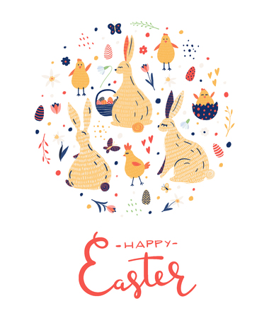 Easter illustrations set with hand drawn elements. Circle concept with lettering for your design.の写真素材