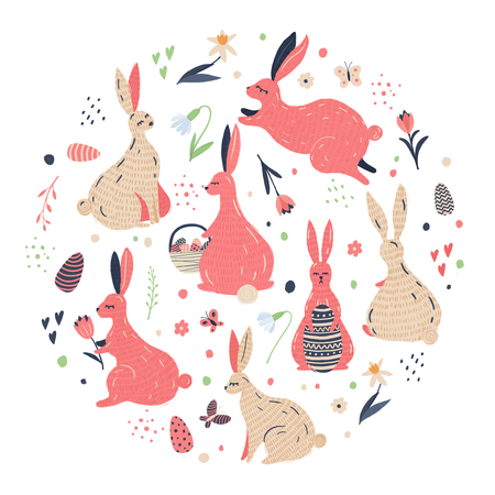 Easter illustrations set with hand drawn elements for your design. Circle concept.の写真素材