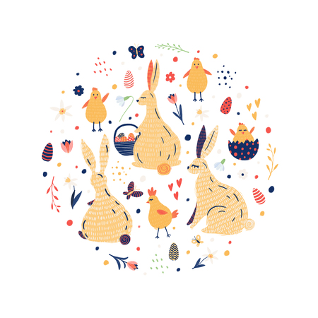 Easter illustrations set with hand drawn elements. Circle concept for your design.の写真素材