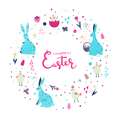Easter illustrations set with hand drawn elements for your design. Wreath with  easter bunnies and handlettering.の写真素材