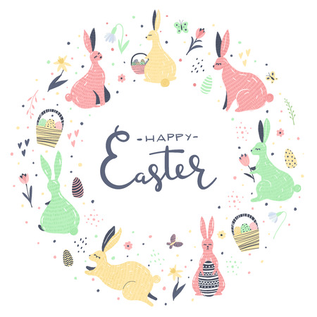 Easter illustrations set with hand drawn elements for your design. Wreath with  easter bunnies and handlettering.の写真素材